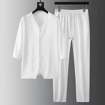 Рубашки + Брюки летняя Спортивная одежда с эластичной резинкой на талии, Мужские повседневные комплекты, Мужские Модные брюки и рубашка, мужской комплект из двух предметов, размер M-4XL TZ16
