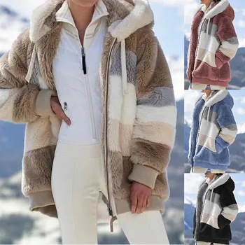 Осенне-Зимняя Верхняя одежда из искусственного меха в стиле пэчворк на молнии, Женская Элегантная Свободная Флисовая куртка с капюшоном, женские теплые плюшевые куртки