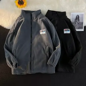 Японская Свободная куртка с логотипом на груди, Мужская Демисезонная Куртка со Стоячим воротником, Флисовое пальто на молнии, Модная Повседневная куртка-Карго Унисекс