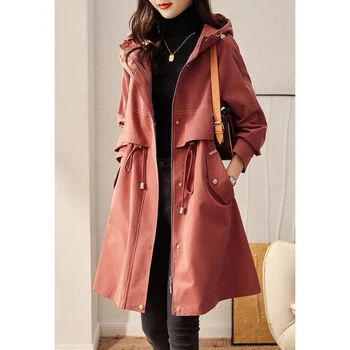 Карманы с длинными рукавами, прошитая молния, капюшон на талии, шнурок, длинное пальто, женское весенне-осеннее модное пальто в корейском стиле, новое