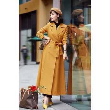 Пальто в английском стиле для офисных леди, ветровка, Двубортные осенние куртки с регулируемой талией, Корейские пальто, женский тренч