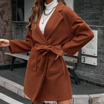 Женское пальто 2023, осенне-зимний твидовый тренч средней длины на шнуровке, Женский флисовый жакет для женщин