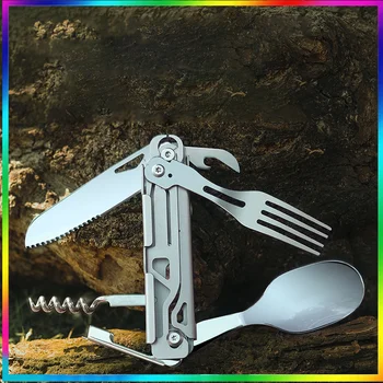 Многофункциональный инструмент для выживания на открытом воздухе, Портативная Вилка, Ложка, Карманный нож для кемпинга, Складной нож из нержавеющей стали
