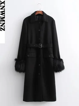XNWMNZ женское приталенное пальто из смесовой шерсти, женское винтажное модное пальто с воротником-лацканом, искусственный мех, длинные рукава, женские пальто, зима 2021