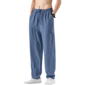 2022 Летние Мужские Хлопчатобумажные Льняные брюки, Мужские брюки с эластичной резинкой на талии в китайском стиле, Мужские хип-хоп Дышащие Повседневные брюки, панталоны