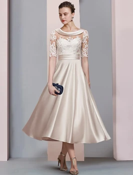 2023 Платье трапециевидной формы цвета шампанского для матери невесты длиной до локтя, атласное кружевное платье с коротким рукавом для свадебной вечеринки, Robe De Soiree