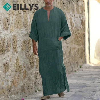 Мужские Арабские Длинные Халаты Саудовская Аравия Мужской Льняной Кафтан Ближний Восток Исламская Одежда Мусульманская Мода Арабская Абая Дубай Платье Халат