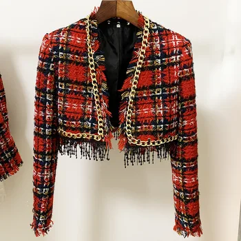 2021 Демисезонный Шикарное женское Короткое пальто Высокого качества с металлической Цепочкой и кисточками, клетчатые твидовые куртки C816