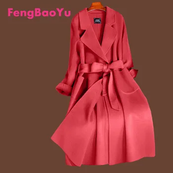Осенне-зимнее пальто из овечьей шерсти Fengbaoyu, Женское Розово-красное Двустороннее кашемировое пальто Средней Длины, Модная Женская Одежда