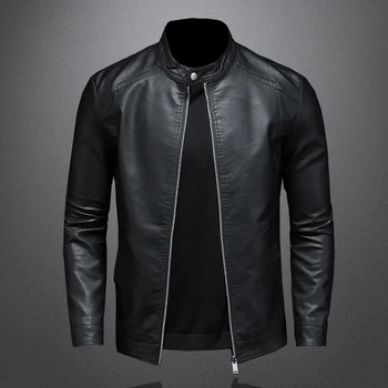 Высококачественная новая кожаная куртка 2023, мужская повседневная куртка из искусственной кожи с воротником-стойкой, мужская мотоциклетная кожаная куртка