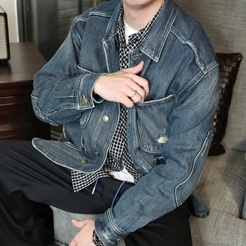 Мужская Джинсовая куртка в Корейском стиле, Модное пальто с синими дырками, Джинсовая куртка, пальто, Свободная Модная Повседневная Уличная одежда, Мужская одежда W490