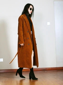 Бесплатная доставка, Осенне-зимний винтажный тренч длиной до середины икры, женская верхняя одежда, S-2XL, Вельветовое толстое пальто Прямого коричневого цвета