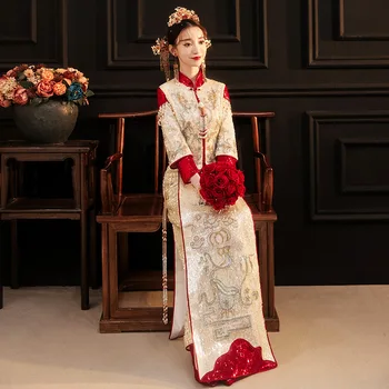Женское Традиционное китайское свадебное платье Ципао с блестящей вышивкой и бисером, Восточная Тонкая Одежда Чонсам
