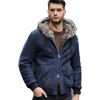 Мужская куртка из овчины с капюшоном Denny & Dora, короткое пальто из натуральной овчины, синяя зимняя теплая куртка