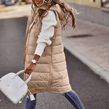 Женский длинный зимний пуховик с капюшоном, теплое пальто без рукавов, женский жилет длиной до колена с карманом, модный бренд уличной одежды