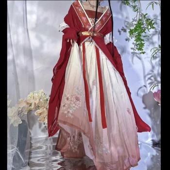 Красное платье Vestido Hanfu в китайском стиле, Красное платье для Косплея, Женская Длинная юбка с традиционным принтом, комплект из 5 предметов, Элегантная юбка для вечеринки для девочек