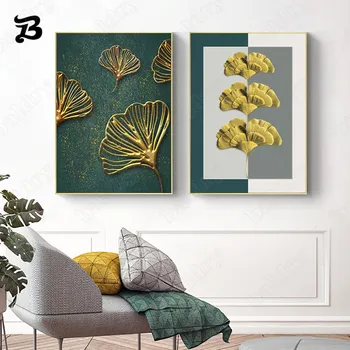 Картина на холсте для гостиной Абстрактные Зеленые Желтые Листья Настенное искусство Золотые растения Ретро Настенные панно Современное украшение дома
