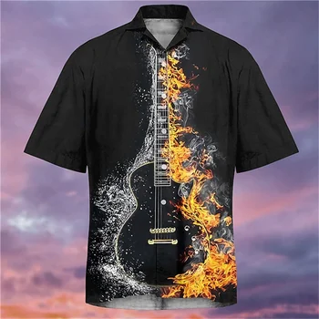 Модная мужская гавайская рубашка с музыкальным гитарным рисунком, рубашка оверсайз с коротким рукавом, рубашка с кубинским воротником, рубашка для отдыха на морском побережье, рубашка для летнего отдыха