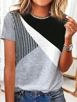 Модные женские футболки с геометрическим принтом, летняя повседневная уличная футболка с коротким рукавом, пуловер с круглым вырезом, повседневный универсальный базовый топ
