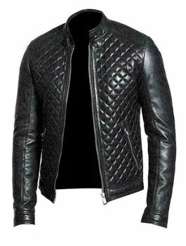 Мужская стеганая кожаная куртка, стильная черная куртка, байкерское пальто из натуральной овечьей кожи