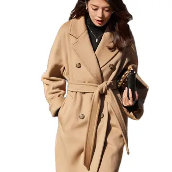 Женское зимнее пальто из 100% шерсти, элегантное, красивое, высококачественное, брендовое, двубортное офисное шерстяное пальто XS с поясом