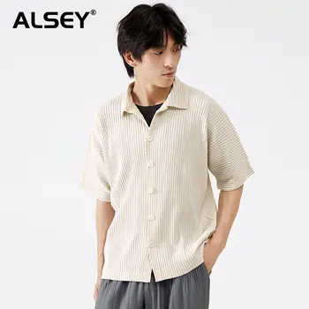 Мужская плиссированная рубашка ALSEY Miyake со средним рукавом, новый простой модный однотонный топ 2023, отложной воротник, однобортный