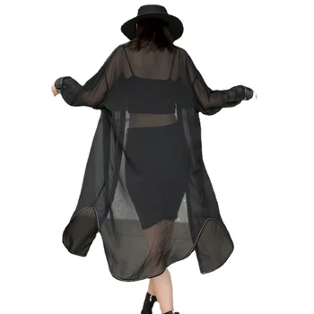 Полупрозрачное сексуальное модное легкое шифоновое пальто средней длины для женщин, летний новый солнцезащитный кардиган с длинными рукавами, тренч-пальто