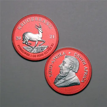 Красная необращенная южноафриканская монета Крюггера 2021 года и серебряная монета весом 1 унция