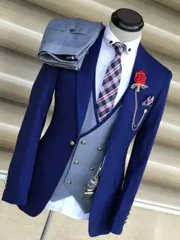 Элегантный синий деловой свадебный костюм для мужчин: двубортный жилет, вырез на лацкане, комплект из 3 предметов
