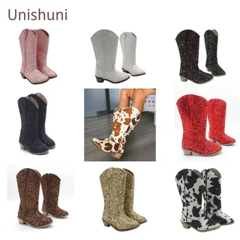 Ковбойские сапоги Unishuni для детей, модная обувь на каблуке для девочек, детские блестящие ботинки в западном стиле на молнии, весенне-осенние сапоги до колена