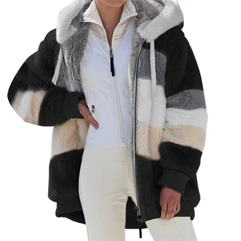 Зимнее женское пальто, Модная Повседневная Женская одежда в клетку с отстрочкой, Женское пальто на молнии с капюшоном, Плюшевая женская куртка 2021, Новинка