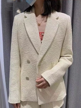 Цена распродажи Женский однотонный твидовый пиджак с отложным воротником и длинным рукавом, Двубортный модный Женский теплый костюм, пальто