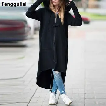Женское Повседневное пальто с капюшоном и длинным рукавом на молнии и Шнурке, повседневная однотонная длинная куртка, Толстовка