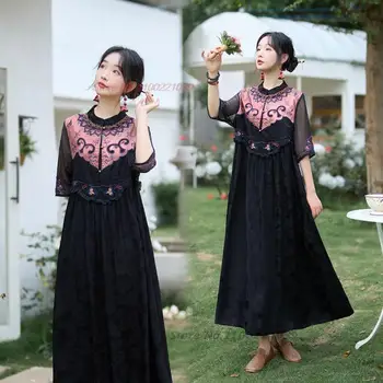 2023 китайское винтажное платье с национальной цветочной вышивкой улучшенное восточное этническое платье ципао народное платье в стиле пэчворк из атласа и жаккарда