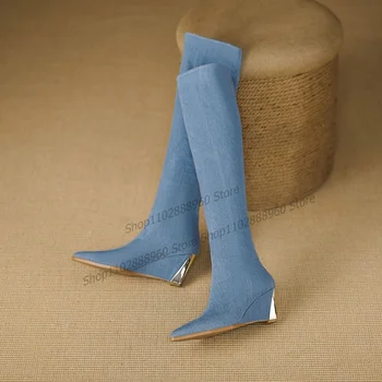 Синие Джинсовые Обтягивающие сапоги до колена на металлическом каблуке, Женская обувь на танкетке, Без Застежки, С острым носком, 2023, Модные Zapatos Para Mujere