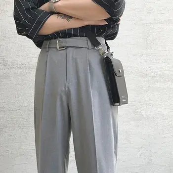 Корейский костюм с поясом, Мужские Модные однотонные повседневные брюки, Мужские Свободные Прямые брюки, Мужские Офисные официальные брюки 28-34