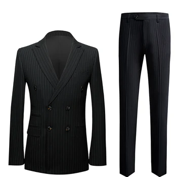 (Куртка + брюки) Мужские модные высококачественные двубортные деловые костюмы из чистого хлопка/мужские приталенные блейзеры для отдыха в полоску, 2 шт.