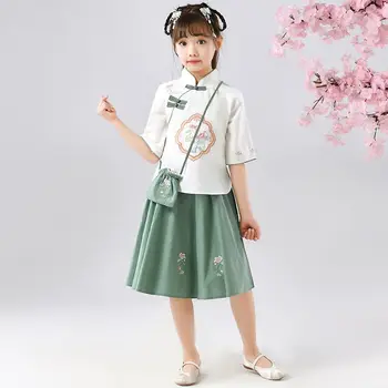 2 шт./компл., летний детский костюм Hanfu для девочек, костюм эпохи Тан, китайский традиционный топ, юбка, одежда