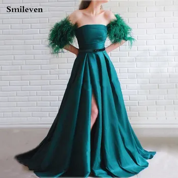 Модные выпускные платья Smileven с перьями, темно-зеленое Вечернее платье с разрезом по бокам, Сшитое на заказ с длинным рукавом для официальных вечеринок