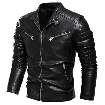 Зимняя черная кожаная куртка 2021 года, мужская теплая мотоциклетная куртка с меховой подкладкой, тонкая уличная мода, черное байкерское пальто с плиссированным дизайном на молнии