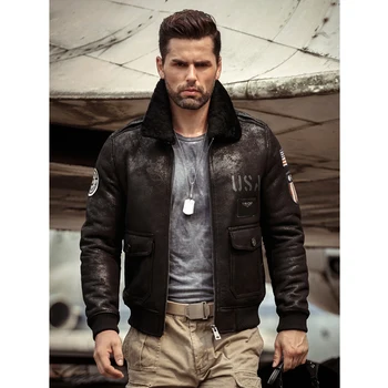 2019 Новая Мужская Куртка из овчины, Кожаная куртка A2 Airforce, Летное пальто, Мужская Зимняя Меховая куртка