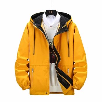 Новая весенне-осенняя желтая куртка для мужчин и женщин, черное пальто, Свободное Повседневное пальто с капюшоном для занятий спортом на открытом воздухе, Модная ветровка для пар 8XL