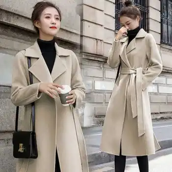 Тонкая корейская версия осенне-зимнего свободного кроя Средней длины до колена, женское тонкое шерстяное пальто на шнуровке