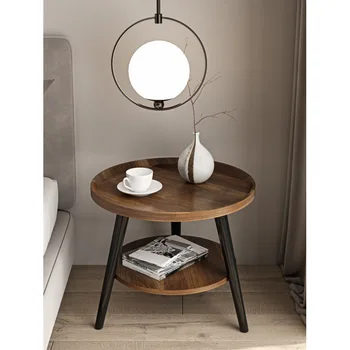 Скандинавский современный минималистичный Простой диван в маленькой квартире, Несколько маленьких столиков На деревянных ножках, Круглый чайный столик, Домашняя гостиная