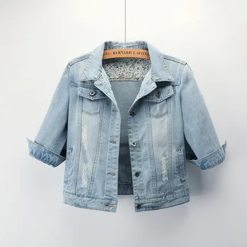 Весенне-осенняя короткая приталенная джинсовая куртка-поло с рукавом три четверти, Новая водная стирка, Женская верхняя куртка