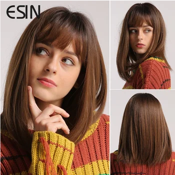 Парики из синтетических волос ESIN Каштановые Волосы Средней длины Прямой Парик с челкой Косплей Натуральные Парики для женщин Термостойкие