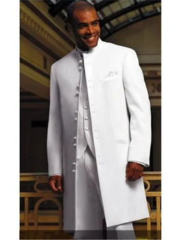 Мужской костюм, Длинное пальто, Белые Смокинги для жениха, Блейзер для жениха, Деловой костюм для выпускного вечера, Мужской комплект из 3 предметов (куртка + брюки + жилет)