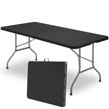 6-футовый Пластиковый складной столик, Портативный раскладывающийся пополам столик для внутреннего и наружного использования, черный
