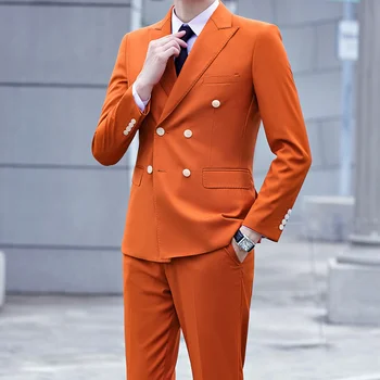 Новинка (блейзер + брюки), мужской модный деловой приталенный Корейский Повседневный Джентльменский Двубортный Джентльменский свадебный формальный комплект из 2 предметов
