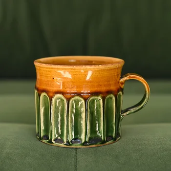 Грубая керамика ручной работы, зеленый, темно-синий, карамельный, ретро, резной цветок, кофейная чашка, фирменная чашка